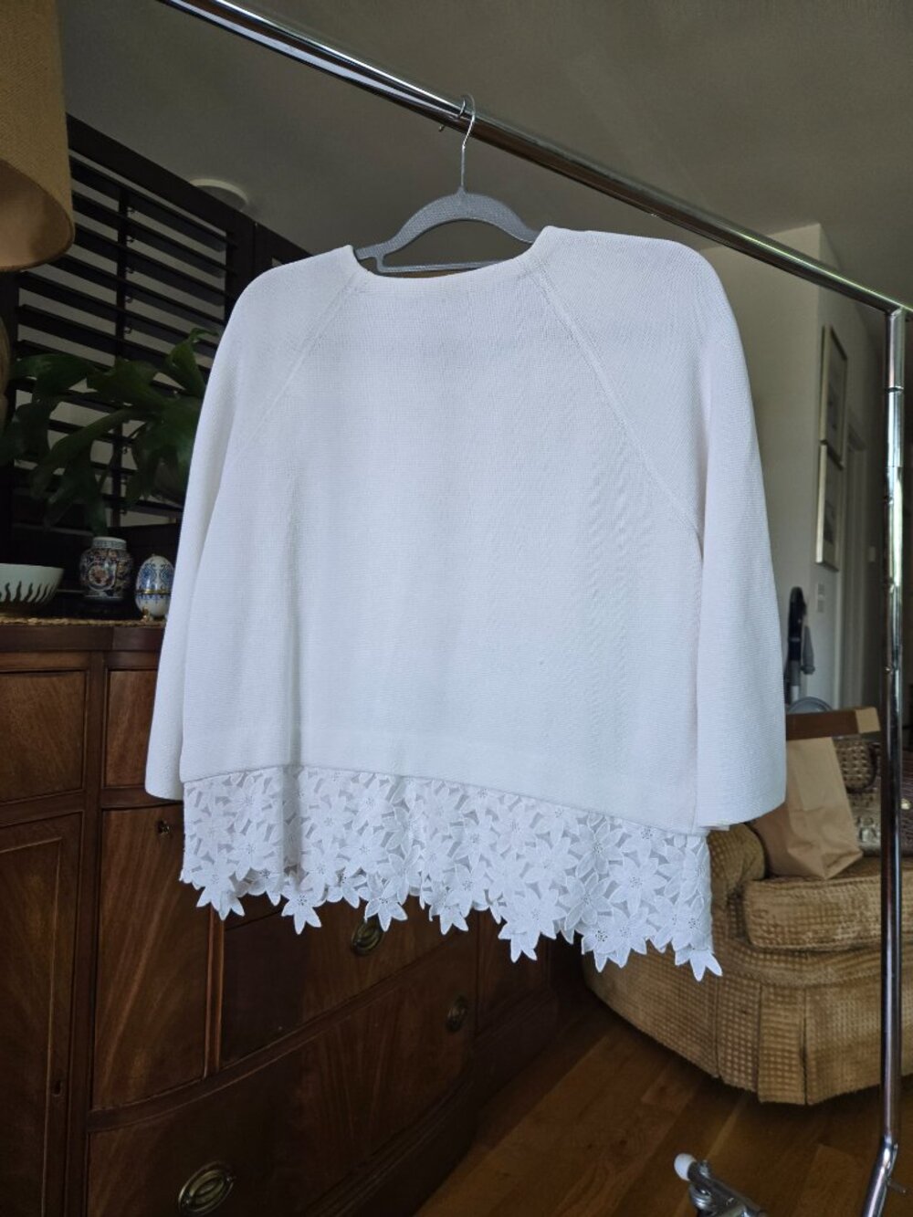 J. Crew Elegant White Lightweight Sweater with Flower Lace